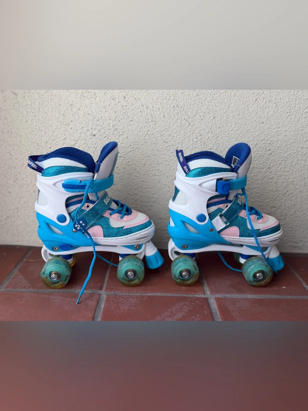 Kids Teal Blue and Pink Glitter Wheel Quad Rollerskates